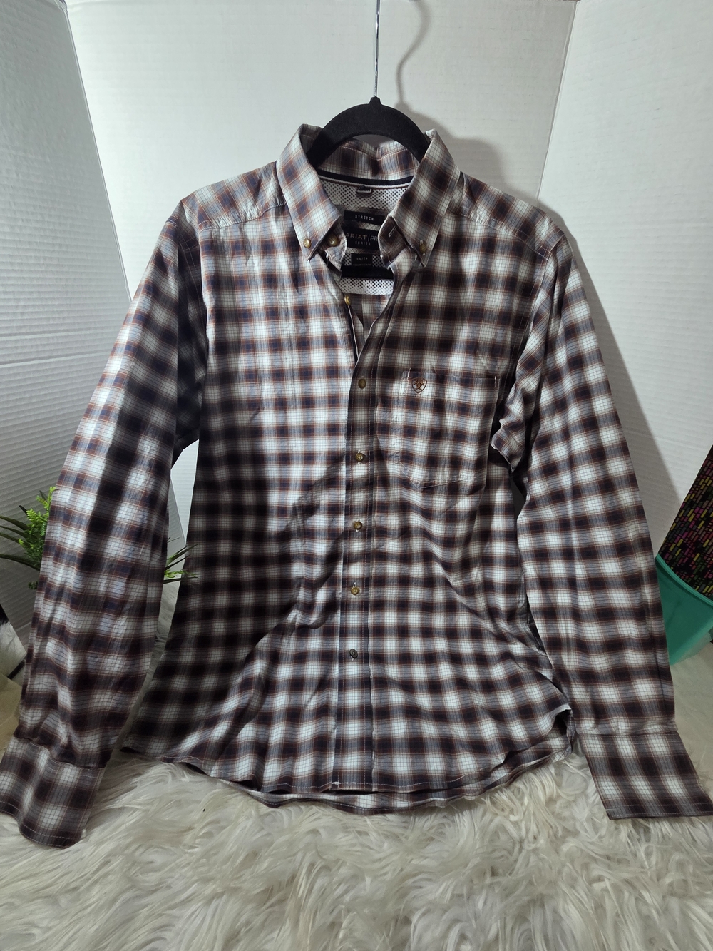 Ariat Pro Series Stretch Men's Brown and Navy Plaid Button-Down Shirt, Size XS